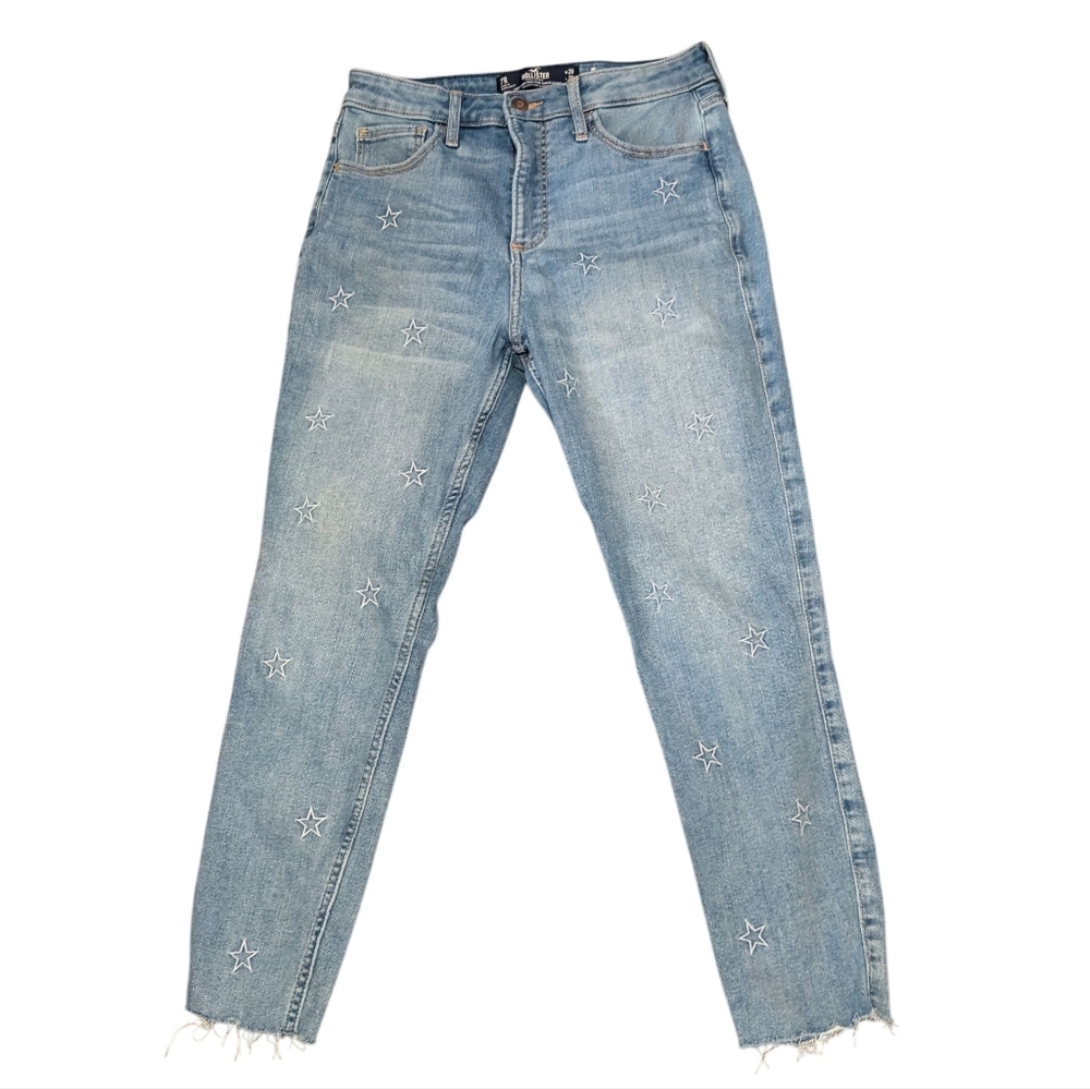 Hollister Y2K Women's Light Blue Star Embroidered Jeans Curvy High Rise Crop - Picture 3 of 9